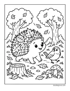 A hedgehog with maple leaves stuck on its spines walking through the woods beside a small bird, with two trees, falling leaves, a tree stump and mushrooms