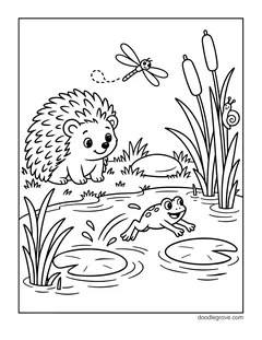 A hedgehog sitting at the edge of a pond and watching a frog jump, with lily pads, cattails, a dragonfly and a snail