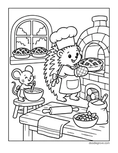 A hedgehog in a chef hat and apron taking a pie out of a brick oven with an oven mitt while a mouse stirs a bowl on a stool, with two pies on the windowsill, a rolling pin, a bowl of berries and a sack of flour
