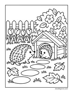 A hedgehog visiting another hedgehog that peeks out of a small wooden house, with tulips, a flowering bush, a picket fence, stepping stones and leaves