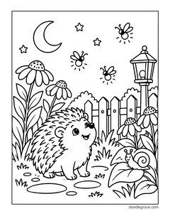 A hedgehog in a garden at night looking up at three fireflies, with a crescent moon, stars, a lamp post, tall flowers, a picket fence and a snail on a leaf