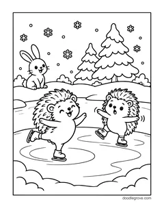 Two hedgehogs ice skating on a frozen pond while a bunny watches from the snow, with snowy pine trees and snowflakes