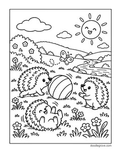 Three hedgehogs playing with a striped ball in a flower meadow, one rolling on its back, with a butterfly, hills, a stream, clouds and a smiling sun