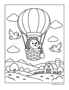 A hedgehog waving from the basket of a striped hot air balloon, with two birds, clouds and a farm with a barn and a silo on the hills below
