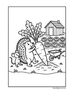 A hedgehog pulling a giant carrot out of the ground while a mouse helps from behind, with a wheelbarrow, rows of cabbages and a shed
