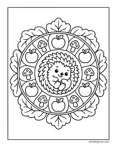 A round mandala with a curled-up hedgehog in the center, ringed by apples and mushrooms inside a border of leaves