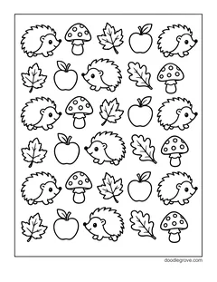 Rows of small hedgehogs, spotted mushrooms, maple leaves, oak leaves and apples spread across the page