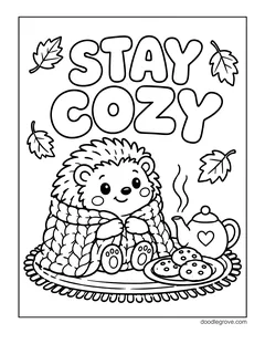 The words Stay Cozy above a hedgehog wrapped in a knitted blanket on a rug, with a steaming teapot, a plate of cookies and maple leaves