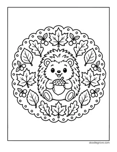 A hedgehog holding an acorn in the center of a round scalloped frame of maple leaves, oak leaves and berries