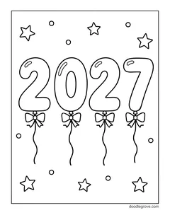 Four balloons shaped like the numbers 2, 0, 2 and 7, tied with bows, with stars and dots