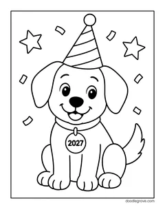 A puppy in a party hat with a 2027 tag on its collar, with stars and confetti