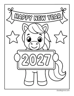 A pony holding a 2027 sign under a Happy New Year banner, with stars