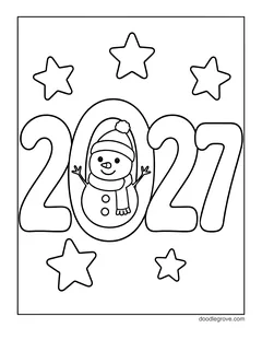The bubble numbers 2027 with a snowman in a knit hat inside the zero, with stars