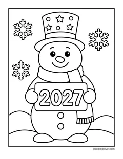 A snowman in a starry top hat and a scarf holding a 2027 sign, with snowflakes and snowy hills