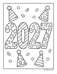 The numbers 2027 filled with stars, stripes, dots and triangles, with four party hats and confetti