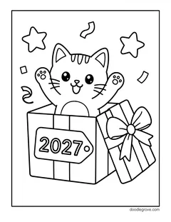A kitten popping out of a gift box with a 2027 tag and a big bow, with stars and confetti