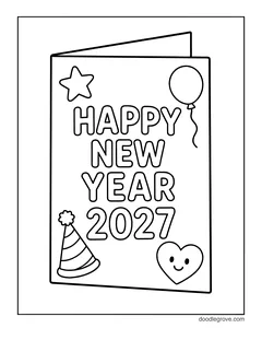A folded greeting card that says Happy New Year 2027, with a star, a balloon, a party hat and a smiling heart
