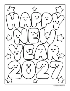 The words Happy New Year 2027 in bubble letters with smiling faces, with stars