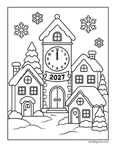 A snowy village with a clock tower striking midnight and a 2027 banner, with houses, pine trees and snowflakes