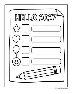 A Hello 2027 list with four boxes marked by a star, a heart, a balloon and a smiley face, and a pencil