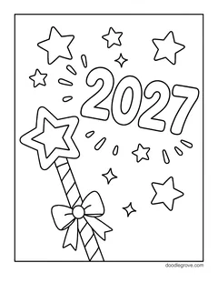 A star wand with a striped handle and a bow next to the numbers 2027, with sparkles and stars