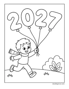 A boy in a scarf running across a hill with balloons shaped like 2027, with bushes and grass