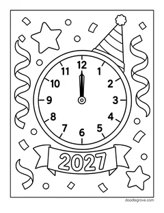 A clock at midnight wearing a party hat above a 2027 ribbon, with streamers, stars and confetti