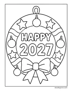A round wreath with ornaments, stars and a big bow around the words Happy 2027