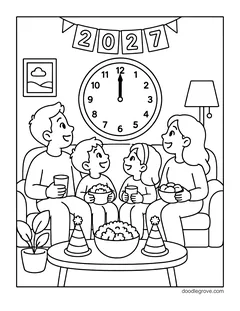 A family on a sofa watching the wall clock reach midnight, with a 2027 banner, popcorn, party hats, a lamp and a plant