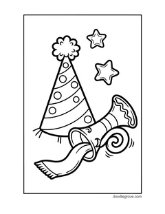 A dotted party hat and a party horn with stars
