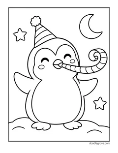 A penguin in a party hat blowing a party blower in the snow, with a crescent moon and stars