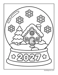A snow globe with a snowy cottage, a pine tree and snowflakes, on a base that says 2027