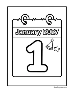 A calendar page that says January 2027 with a big number 1, a party hat and a star