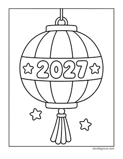 A round paper lantern with a 2027 band and a tassel, with stars