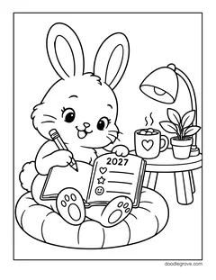 A bunny sitting on a cushion and writing a 2027 list in a notebook, with a lamp, a mug of cocoa and a plant