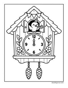 A cuckoo clock striking midnight with a bird in a party hat blowing a horn from its window, bunting and pine cone weights
