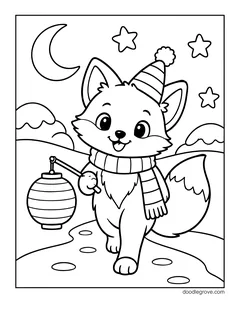 A fox in a party hat and a striped scarf carrying a lantern along a snowy path, with a crescent moon and stars