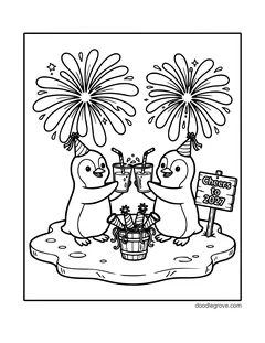 Two penguins in party hats clinking glasses on an ice floe, with fireworks, a bucket of party poppers and a Cheers to 2027 sign