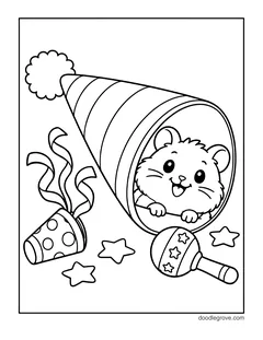A hamster peeking out of a giant striped party hat, with a party popper, a rattle, streamers and stars