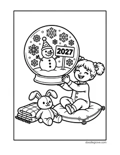 A girl sitting on a cushion and holding a snow globe with a snowman and a 2027 sign, with a toy bunny and a blanket