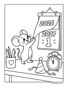 A mouse turning a calendar page from 2026 to 2027 on a desk, with an alarm clock, a party hat and a cup of pencils