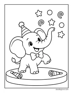 An elephant in a party hat and a bow tie dancing on a round stage, with party horns, stars and confetti