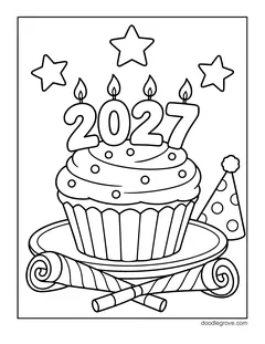 A cupcake with 2027 candles on a plate, with a party hat, party horns and stars