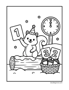 A squirrel in a party hat holding a number 1 card on a log, with cards 3 and 2 in a basket of acorns and a clock at midnight