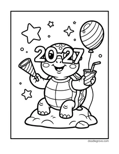 A turtle wearing 2027 glasses and holding a party horn and a drink, with a balloon and stars