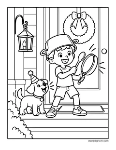 A boy with a pot on his head banging a frying pan with a spoon on the front porch, with a puppy in a party hat, a wreath and a lantern