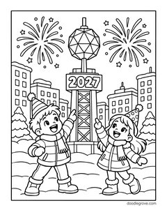 Two kids in winter coats and party hats cheering at a tower with a ball and 2027, with tall buildings, pine trees and fireworks