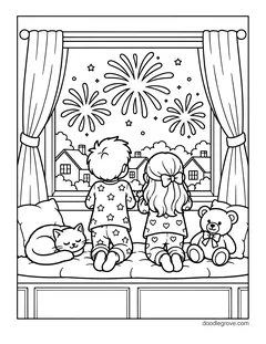 Two kids in pajamas kneeling at a window to watch fireworks over the houses, with a sleeping cat and a teddy bear