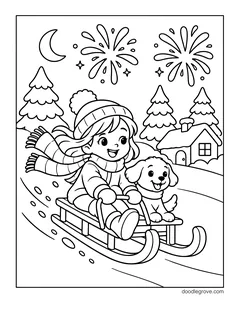 A girl and a puppy riding a sled down a snowy hill, with fireworks, a crescent moon, pine trees and a house