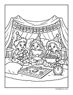 Three kids in pajamas and party hats in a blanket fort with a Happy New Year banner, a board game, popcorn and an alarm clock